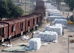 DAP fertilisers that was in shortage in the state for past some time is being offloaded at Bathinda railway station on Wednesday. 