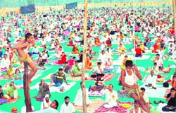 Young persons show their skills at a Swami Ramdev yoga camp in Gurgaon
