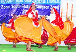 Students present a Haryanavi folk dance at the zonal youth festival organised by the students welfare body of Maharshi Dayanand University, Rohtak, at Government College, Sector 14, Gurgaon
