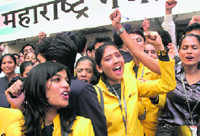 Sacked employees of Jet Airways during a protest against the managements decision to retrench up to 1000 employees, in Mumbai on Wednesday.