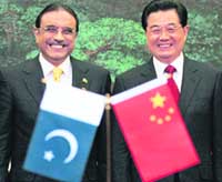 Chinese President Hu Jintao (right) with his Pakistani counterpart, Asif Ali Zardari, during a signing ceremony at the Great Hall of People in Beijing