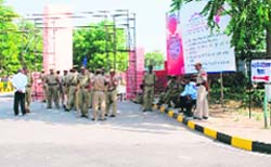 Policemen guard Mahavir Stadium in Hisar where President Pratibha Patil will preside over a functio