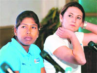 Indias Jhulan Goswami (L) and Claire Taylor of England during the launch of ICC ODI womens ranking in Mumbai on Thursday.