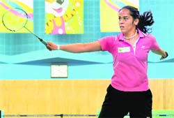 Saina Nehwal in action at the Commonwealth Youth Games in Pune.  PTI
