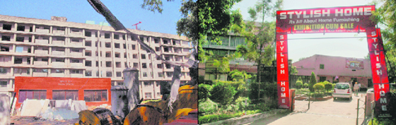 The ‘resumed’ James Plaza site in Sector 17, where construction work has been stalled and (right): commercial activity going on at one of the ‘resumed’ Bhawans in Sector 15.
