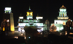 A view of the Takht Shri Damdama Sahib at Talwandi Sabo on Sunday night that has been specially illuminated in view of the Gurta Gaddi Diwas celebrations.