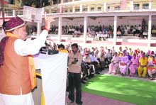 Chief Minister Prem Kumar Dhumal addresses a gathering at Toani Devi on Sunday. 