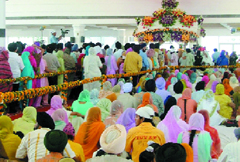 Sikhs devotees offer prayers during the Gurta Gaddi Divas celebrations of the 300th anniversary of Shri Guru Granth Sahibji at Gurdwara Rakab Ganj Sahib, New Delhi, on Monday.