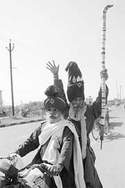Two Nihangs participate in the 300 year Gurta Gaddi Diwas celebrations in Ambala on Tuesday.