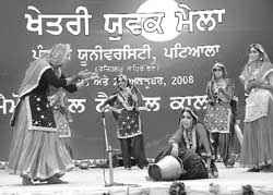 Students perform giddha on the inaugural day of the Youth Festival, Punjabi University, Patiala, at PMN College, Rajpura, on Wednesday. 