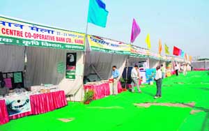 Stalls at a kisan mela organised in Karnal wear a deserted look on the second day on Wednesday. 