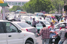 Vehicles caught in a traffic jam in Ludhiana on Thursday.