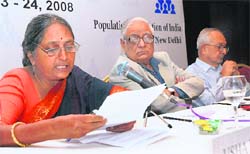 H.K. Dua, Editor-in-Chief, The Tribune, flanked by Usha Rai (l) and B.G. Verghese at the concluding session of the conference on Population Health and Social Development on Friday in Chandigarh