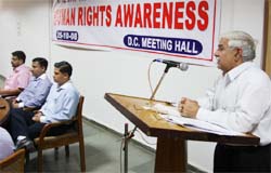 Former president of the Bar Association, Bathinda, J.R. Khattar, speaking at a human rights awareness training camp in Bathinda