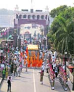 A view of the nagar kirtan, organised by the Pakistan Sikh Gurdwara Prabandhak Committee, as it enters the Indian territory at the Wagah joint check post