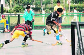 The final match of the junior boys roller hockey in progress between Blue Bird School and Manav Mangal School at Open Skating Carnival at Sector 7, Panchkula