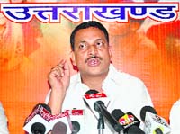 Rajiv Pratap Rudy, national spokesperson of the BJP, at a press conference in Dehradun on Sunday. 