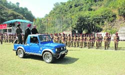 PWD minister Thakur Gulab Singh inspects the parade at Pinegrove School, Subathu,