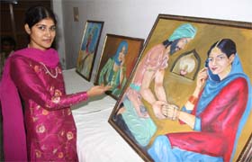 Indrjit Kaur showcased her paintings at the Teachers' Home in Bathinda