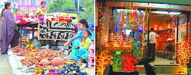 A woman selling diyas on footpath waits for customers and (right) Chinese lights on display at a shop in Jalandhar