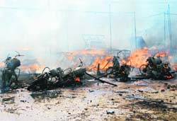 Cracker market in flames at Rudrapur on Tuesday. 