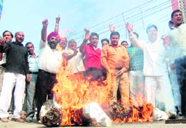Congress workers burn governments effigy in Dehradun on Wednesday. 