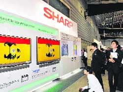 Japan's electronics giant Sharp displays their latest products at the flat panel display exhibition in Yokohama in Kanagawa prefecture, suburban Tokyo, on Thursday. Sharp said its net profit in the first half slumped 35 per cent due to the global economic downturn that has eroded demand for its products. 