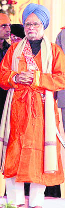Prime Minister Manmohan Singh, dressed in the saffron robes of the Khalsa, in Nanded Sahib on Thursday.