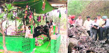 Residents of Jugiana village paying obeisance at a shrine near the site of the plane crash. Photos: Inderjeet Verma/A team of civil aviation officials inspecting the wreckage in Jugian