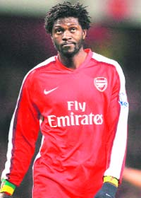 Arsenals Emmanuel Adebayor reacts after the game against Tottenham Hotspur during their Premiership football match in London