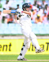 Gautam Gambhir plays a shot on the second day of the third Test match against Australia in New Delhi