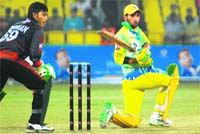 Chandigarh Lions Bipul Sharma in action in the ICL 20-20 Indian Championship match against Dhaka Warriors at Tau Devi Lal Stadium at Panchkula 