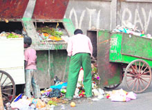 Pramukh staff dispose of garbage in a municipal bin.