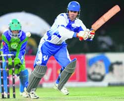 Delhi Giants Abbas Ali hits one to the fence during his match-winning knock of 53 runs in the ICL match against Hyderabad Heroes at Tau Devi Lal Stadium at Panchkula on Saturday. 
