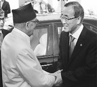 UN Secretary-General Ban Ki-moon (right) with Nepals former Prime Minister Girija Prasad Koirala during a meeting at Koiralas residence in Kathmandu on Saturday.