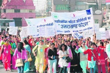Elected panchayat members of Uttarakhand take out a march in Dehradun on Sunday. 