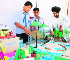 Preparations go on for science exhibition at State Institute of Education, Sector 32, in Chandigarh on Monday.