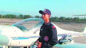 Cadet M. Sharma at the Jolly Grant airport. Sharma and Wg Cdr C.S. Raghuraman were part of an expedition team that came from NDA, Pune, to Dehradun in Austria-made Super Dimona TC80 plane. 