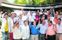 Doctors protest at the main entrance of Doon Hospital in Dehradun 