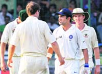 Gautam Gambhir is seen in a verbal spat with Australias Simon Katich on the first day of third Test at Ferozshah Kotla stadium in New Delhi. 