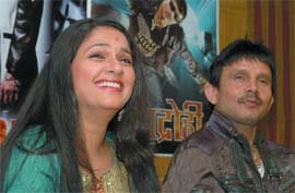 Actors Gracy Singh and Kamaal Khan during a promotional press conference of their new film, Deshdrohi, in New Delhi on Wednesday.