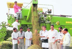 A combine harvester for moong in use in Nagla Rodan village in Karnal district