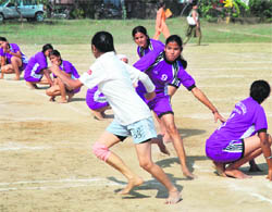 A kho-kho match in progress of the Inter-Polytechnic Games at Government Polytechnic College, Ludhiana, on Wednesday.