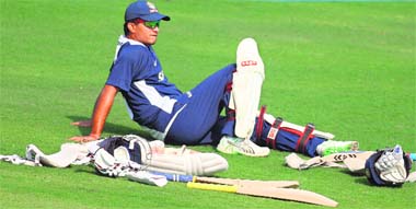 Sourav Ganguly waits for his turn to bat during a training session at the VCA cricket stadium in Nagpur on Wednesday. Ganguly, who has already announced his retirement from Test cricket, will play his last match in Nagpur.  AFP