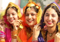 Students pose before their performance at the region-level competitions being organised by the Punjab School Education Board at a school in Bathinda on Thursday.