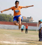Aina Singh taking part in long jump event in the Punjab State Zonal-level Games at the sports stadium in Bathinda on Thursday.