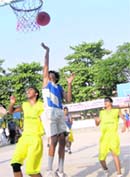 Boys semi-final match in progress in the fifth Emily Gosain Memorial Basketball Tournament in Panchkula 