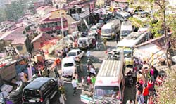 A view of a traffic jam at the Shimla bus stand