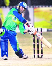Hyderabad Heroes Nicky Boje hits a six in the match against Mumbai Champs