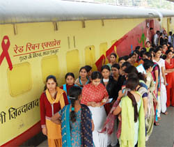 Girls from rural areas throng the Red Ribbon Express at the railway station in Amritsar on Friday.